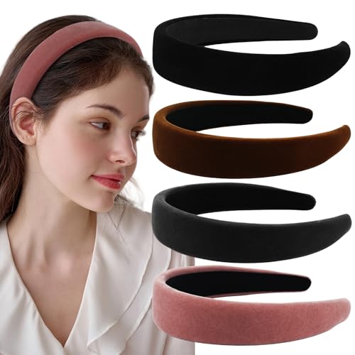 4Pcs Velvet Headband for Women Girls Wide Hairbands Pack Non Slip Black Thick Headband Set Adult Padded Hair Band Fashion Soft Headbands for Long Short Thin Curly Hair Accessories Christmas Gifts - color: 4Pcs Velvet Headband Set 02