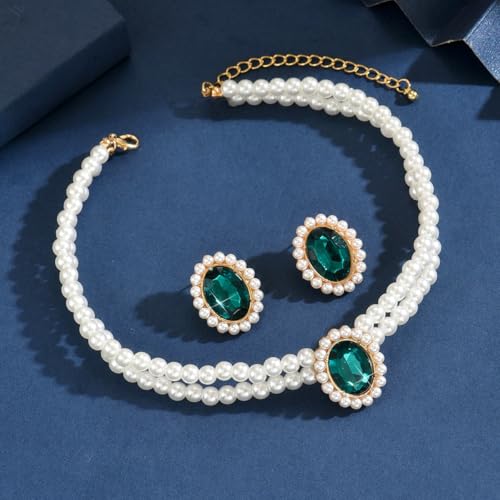 CSIYANJRY99 Pearl Necklace and Earring Set Faux Pearl Jewelry Sets for Women Imitation Beaded Pearl Necklace Bracelet Stud Earrings for Women - color: Green Zircon Pearl Set