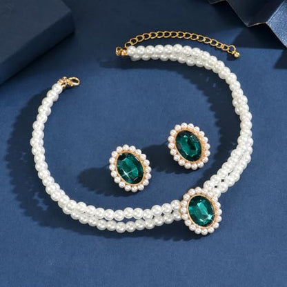 CSIYANJRY99 Pearl Necklace and Earring Set Faux Pearl Jewelry Sets for Women Imitation Beaded Pearl Necklace Bracelet Stud Earrings for Women - color: Green Zircon Pearl Set