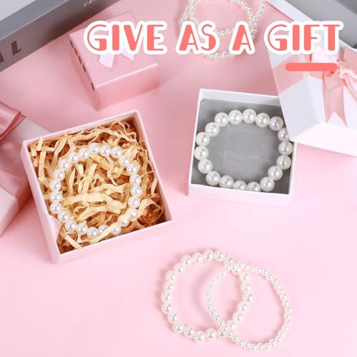 6 PCS White Pearl Bracelets, Elastic Faux Pearl Bracelet Stretch, Stackable Fake Pearls Bead Bracelets Bridesmaid for Women Daily Wear Bridal Wedding Party Gift (10/8/6/5 mm Pearl)