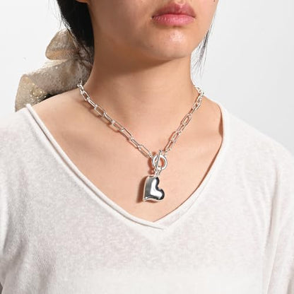 14K Gold Plated Two Sides Carved Stone Heart Shape Necklace for Women Love Pendant Necklace Jewelry for Daily and Gifts - color: Silver Heart
