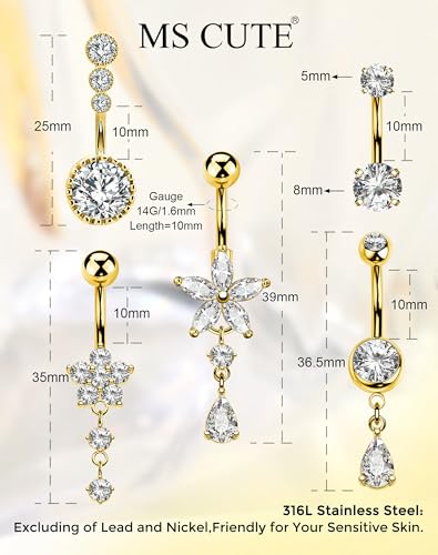 5PCS Belly Button Rings for Women Girls, 14G Surgical Steel Navel Rings Set, Gold & Silver CZ Dangle Body Piercing Jewelry - color: Gold-Flower