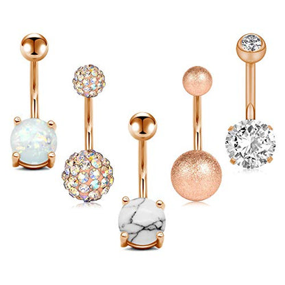 Belly Button Rings Stainless Steel 14G CZ Opal Navel Rings Barbells Women Girls Belly Piercing Jewelry - color: Rose Gold Color-Style A-5 PCS