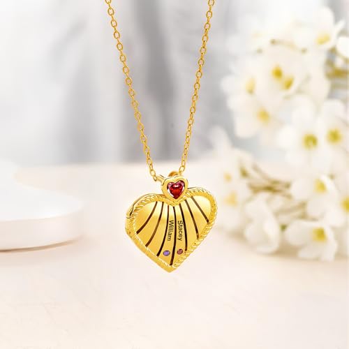 AILIN Custom Heart Locket Necklace With Picture Brass Personalized Mom Necklace With 1-6 Birthstones&Names Memorial Photo Necklace Mothers Day Jewelry Birthday Gifts for Women Grandma