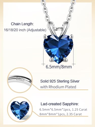 CYW Genuine Sapphire/Emerald/Ruby/Moissanite Necklace for Women, Really Authentic Solid 925 Sterling Silver, 16"/18"/20" Adjustable Chain, Anniversary Mother's Day Valentines Gift - color: Sapphire - Heart - White Gold, size: 8mm