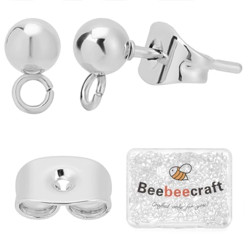 Beebeecraft 1 Box 100Pcs Ball Studs for Jewelry Making 925 Sterling Silver Plated 304 Stainless Steel Post with Loop Dangle Earring Findings Ear Backs DIY Supplies - color: Silver, size: 5mm Ball