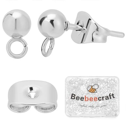Beebeecraft 1 Box 100Pcs Ball Studs for Jewelry Making 925 Sterling Silver Plated 304 Stainless Steel Post with Loop Dangle Earring Findings Ear Backs DIY Supplies - color: Silver, size: 5mm Ball