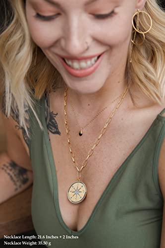 Aobei Pearl 18K Gold Plated Moon Star Lion Evil Eye Love Heart Cross Pendant Necklace Medallion Paperclip Chian Choker Layering Jewery for Women - color: Golden Compass