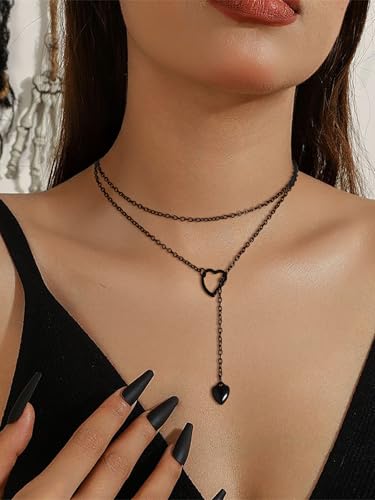 FOCALOOK Heart Lariat Necklaces for Women, Long Slip Chain Necklace | Hypoallergenic 316L Stainless Steel Silver/Black/Gold Plated, Front Slider Closure, Non Tarnish, Layered look, Everyday Wear - color: 01:Black Heart
