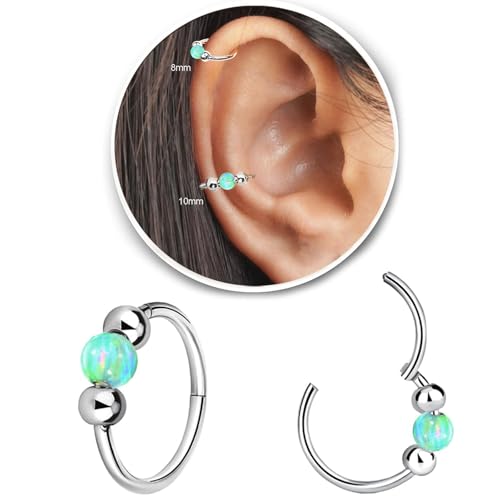 2 Pcs Small Cartilage Hoop Earrings for Women Men, 18G Opal Silver Earrings Hypoallergenic 316L Surgical Steel Hinge Huggie Hoop Earrings for Helix,Tragus,Conch,Rook,Earlobe Piercing Jewelry Nose Ring - style: 1Pc8mm+1Pc10mm Green Opal/Silver