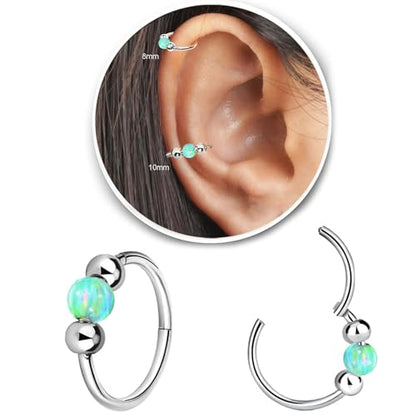 2 Pcs Small Cartilage Hoop Earrings for Women Men, 18G Opal Silver Earrings Hypoallergenic 316L Surgical Steel Hinge Huggie Hoop Earrings for Helix,Tragus,Conch,Rook,Earlobe Piercing Jewelry Nose Ring - style: 1Pc8mm+1Pc10mm Green Opal/Silver