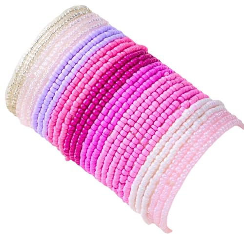 16-30Pcs Handmade Bohemian Colorful Crystal Seed Beads Stackable Adjustable Elastic Stretch Multilayerd Bracelets for Women Summer Vacation Beach Boho Bangle Jewelry - color: pink