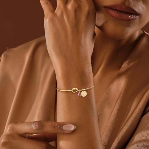 Initial Birthstone Gold Bracelets for Women Trendy 14K Gold Plated Letter A-Z Initial Charm Bracelet Tie the Love Knot Adjustable Cuff Bangle Birthstone Bracelets Birthday Bridesmaid Proposal Gifts - color: T