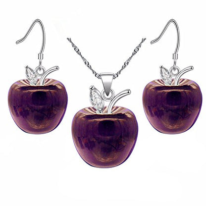 Uloveido Apple Necklace and Earrings Set for Women Cute Apple Jewelry Set for Teacher Mom YL007 - color: Purple