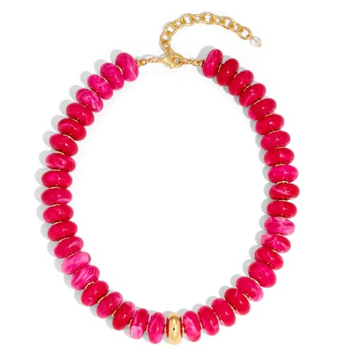 Chunky Colorful Choker Necklace for Women - Summer Beach Round Resin Beads Necklace, Trendy Statement Summer Beach Jewelry Birthday Gifts for Vacation Holiday - color: 18mm Rose Red Bead