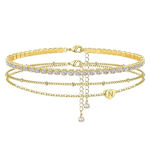 Yanoda Initial Ankle Bracelets for Women, 14K Gold Plated Waterproof Dainty Layered Heart Letter Initial Anklets Personalized Gifts - color: N
