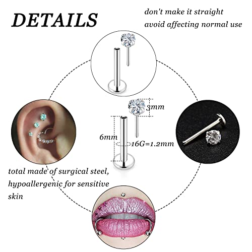 16G 18G 20G Threadless Push in Lip Rings Stainless Steel Flat Back Nose Rings Studs Tragus Helix Conch Cartilage Lobe Earrings Stud Piercing Jewelry for Women Men Diamond CZ Silver 20PCS - color: 16G-6MM Length-3MM CZ