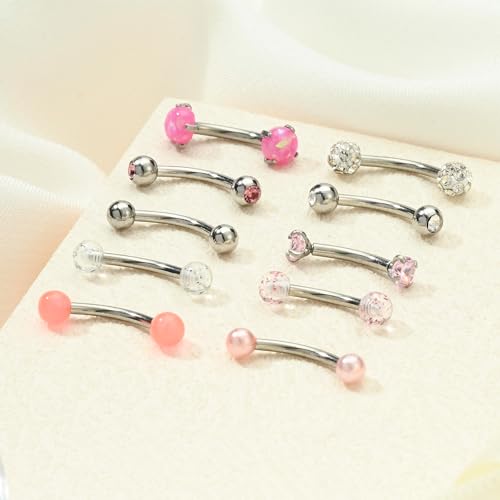 FECTAS 10PCS Eyebrow Rook Piercing Jewelry 16G Earrings Vertical Labret Lip Jewelry Curved Barbell Eyebrow Rings Tiny Small Belly Rings Ear Rook Helix Conch Daith Piercing Jewelry - color: pink&silver