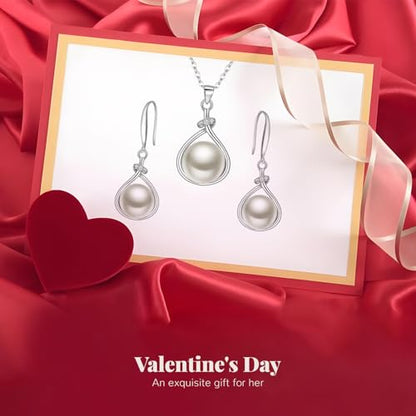 EleQueen 925 Sterling Silver CZ Freshwater Cultured Pearls Bridal Pendant Necklace Earrings Wedding Jewelry Sets, Valentine's Day/Mother's Day/Christmas Gift - style: Pearl Necklace Earrings Set