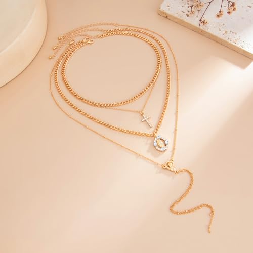 Gold Layered Necklace for Women Chunky Stacked Chain Link Paperclip Evil Eye Necklace Trendy Punk Jewelry - color: T-GoldA
