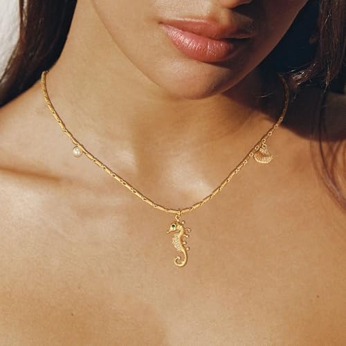 MTMY Gold Starfish Necklace 14K Gold Plated Shell Conch Ocean Pendant Necklace for Women Beach Summer Jewelry - style: seahorse