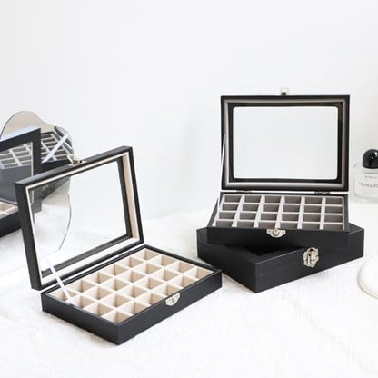 Wudygirl 24 Grid Earring Organizer Small Jewelry Box with Lid BlackBeige | Ring Box with Adjustable Dividers, Velvet Lining, Ideal for Rings, Earrings, Jewelry Display, Gift Giving - style: Black Beige 24 Grid