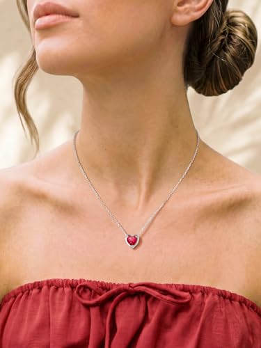 Silvora Heart/Round Birthstone Necklace for Women, Sparkling Crystal Pendant, Dainty Birth Month Jewelry, Adjustable 16"+2" Chain - color: Silver, style: July Heart
