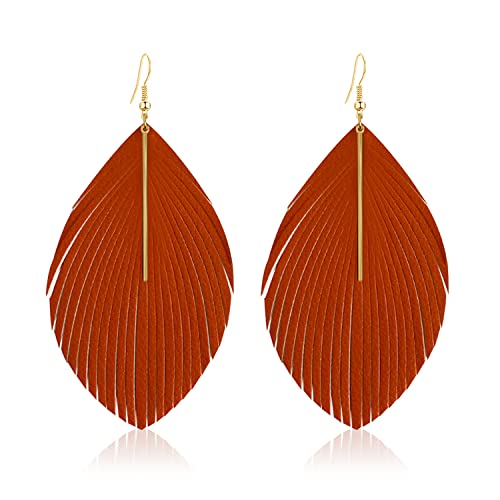 Bohemian Handmade Lightweight Color Large Genuine Soft Leather Fringe Feather Leaf Tear Dangle Drop Earrings for Women Statement - color: Orange
