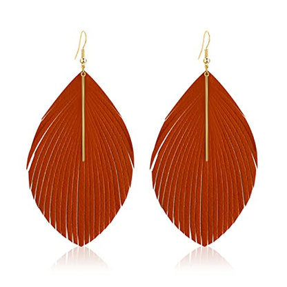Bohemian Handmade Lightweight Color Large Genuine Soft Leather Fringe Feather Leaf Tear Dangle Drop Earrings for Women Statement - color: Orange