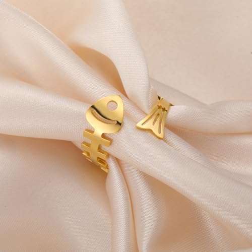 Funny Fishbone Ring, Stainless Steel Adjustable Open Rings for Women Trendy, Special Christmas Gift for Friend Lover Daughter - color: Gold