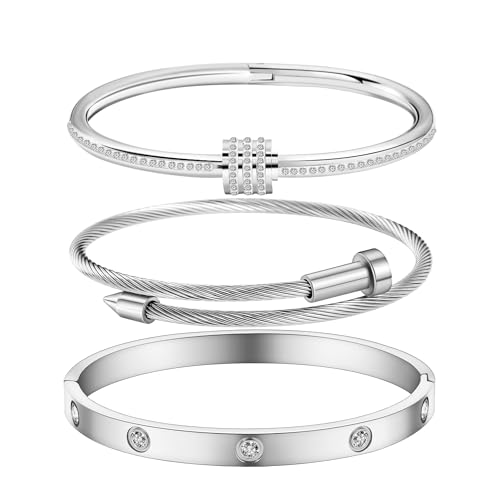 Women's Stainless Steel Bracelet Gold Plated Cuff Bangle With Cube Zircon Hinge Jewelry oval Bangle Witness the Gift of Love - color: 6mm Silver 3pcs-A