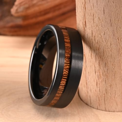 Tungsten Carbide Rings for Men 8mm Black Hammered Whiskey Barrel Wood & Elk Antler Inlay Men's Engagement Wedding Bands Matte Brushed - color: 8mm black Brushed