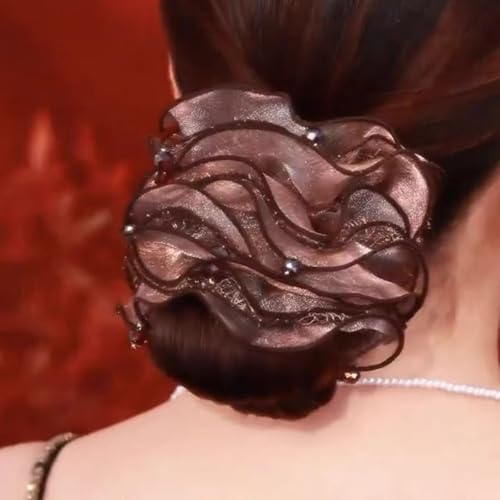 Hair Scrunchie, Black and Blue Ombre, Organza Fabric, Floral Ruffle Design with Rhinestone Embellishments (1, khaki, Large) - color: khaki