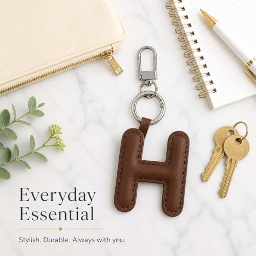 Initial Letter Keychain,Stainless Steel,Colorful Faux Leather Keyring for Backpack,Purse,Car Keys,Gift for Men Women - color: H
