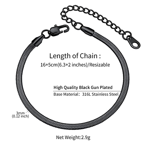 ChainsHouse Stainless Steel Herringbone Flat Chain Bracelets for Women,18K Gold/Rose Gold/Black Metal Paperclip/Snake/Cuban/Figaro Sterling Silver Link Charm Bracelet, 16+5cm Adjustable, With Gift Box - color: g. herringbone-black-3mm