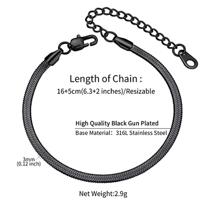 ChainsHouse Stainless Steel Herringbone Flat Chain Bracelets for Women,18K Gold/Rose Gold/Black Metal Paperclip/Snake/Cuban/Figaro Sterling Silver Link Charm Bracelet, 16+5cm Adjustable, With Gift Box - color: g. herringbone-black-3mm