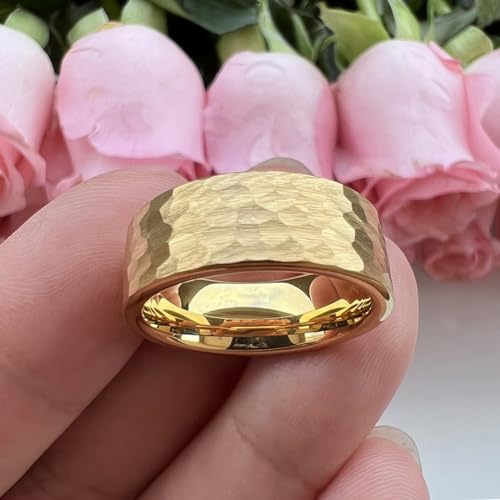 TUTISS 6mm 8mm Silver/Black/Gunmetal/Gold/Rose Gold Hammered Tungsten Rings for Men Women Couple Fashion Jewelry Engagement Wedding Bands Matte Finish Comfort Fit - color: 8mm Gold I Love You Engraved