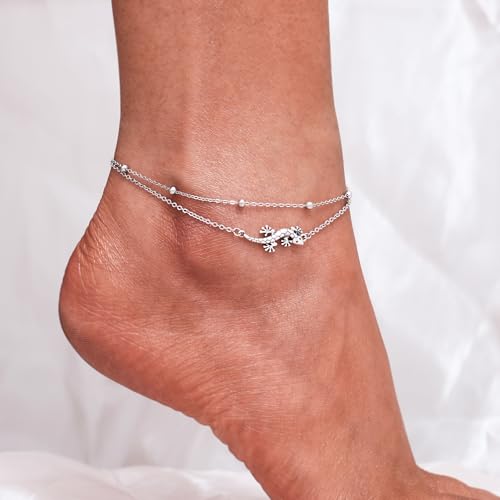 CHIC & ARTSY 925 Sterling Silver Ankle Bracelets for Women, Adjustable Layered Foot Chains with Nature & Symbol Charms, Lightweight Comfort Fit Boho Beach Everyday Jewelry - color: 2# Geckos Anklet