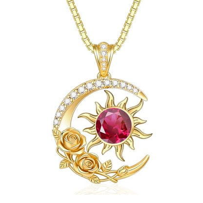 Midari 18K Yellow Gold Sun Moon Star Pendant Rose Flower Necklaces I Love You Forever Sun Moon Jewelry Gift for Mother Women - color: 07-Jul-Ruby, style: Sun&Moon
