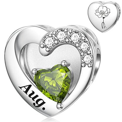 SEVENWELL Jan-Dec Birthstone Charms for Pandora Bracelets, Heart Charm | Fits Most European Charm Bracelets, Sparkling Heart CZ, Birth Flower Engraved, Gift Ready, Nickel-Free - color: August Birthstone Charm