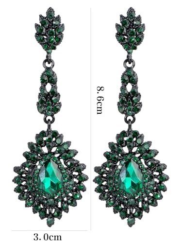 Crystal Teardrop Dangle Earrings - S925 Sterling Silver Posts Rhinestone Drop Earrings for Women Wedding Bridal Brides Bridesmaids Party Prom Pageant Fashion Costume Jewelry - style: green crystal teardrop dangle earrings black