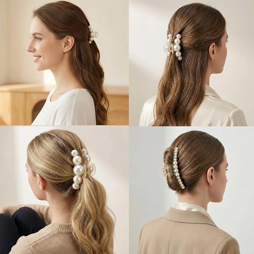 Hair Clips for Women, Large High-Gloss Pearl Hair Claw Clip Set Strong Hold No Slip, Banana Jaw Clip Barrettes, Hair Accessories Birthday Wedding Day Gift for Girl Wife Styling Thick Thin (4 PCS) - size: 1 Count (Pack of 4)