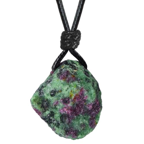 FANASY Natural Raw Crystal Necklace for Women Irregular Stone Necklaces Spiritual Gemstone Pendant with Adjustable Rope - color: Ruby Zoisite