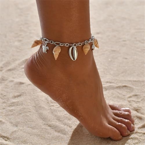 Shell Ankle Bracelet Set for Women,Boho Adjustable Beads Anklet Pack Natural White Shells Stack Stretch Seashell Pearl Starfish Bracelet Set Hawaiian Beach Vacation Foot Jewelry - style: H-Shell Conch