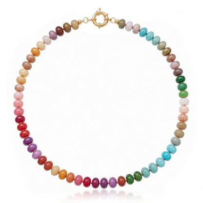 AMOREA Colorful Natural Gemstone Choker Necklace for Women, 5x8mm Genuine Stone Beads, Gold Accent Collarbone Necklace, Summer Vacation Jewelry - color: Rainbow Aura