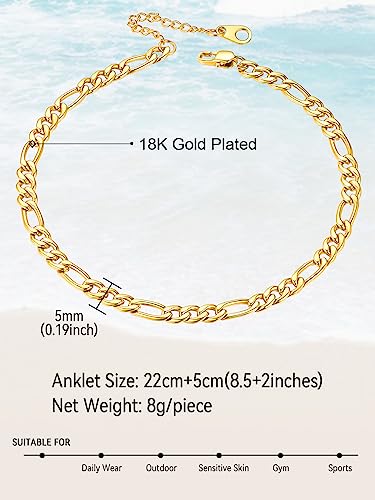 FaithHeart Waterproof Ankle Bracelets for Women, 1/2/3Pcs Non Tarnish Stainless Steel Layered Anklet Set Paperclip Figaro Cuban Link Chain Dainty Summer Beach Jewelry Gift Adjustable Size - style: g.Figaro - Gold