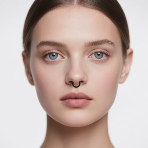 Vsnnsns 16G Septum Rings Piercing Jewelry 316L Stainless Surgical Steel Skull Flower Dangle Clicker Horseshoe Septum Nose Rings Hoop Piercing Jewelry for Women Men Silver Black Rose Gold 10mm - color: Black