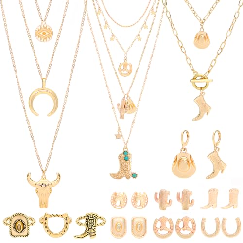 NEWITIN 15 Pieces Gold Bohemian Jewelry Set for Women Turquoise Jewelry Set | Costume Gold Jewelry, Western Jewelry, Belt Chain Necklaces Bracelets Rings Earrings Set for Women Party Daily, Women Gifts - color: Light Gold