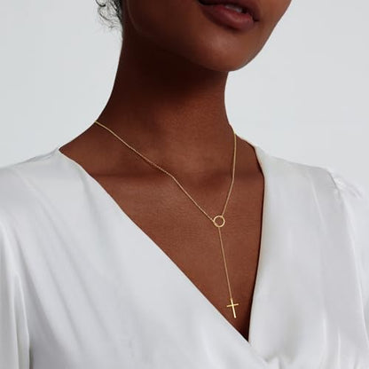 HERIER Lariat Gold Necklace for Women, Dainty Long Necklace 14k Gold Plated/Silver Y-Shaped Layered Beaded Chain Drop Necklaces for Women Trendy Simple Gold Jewelry for Women Gifts - color: Y Cross Necklace-Gold