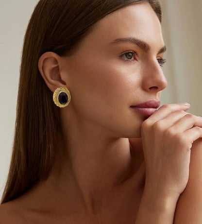 Chunky Gold Geometric Stud Earrings Trendy Vintage 14K Gold Plated Black Cubic Zirconia Statement Cocktail Earrings Dupes Jewelry for Women - style: Black Stone B